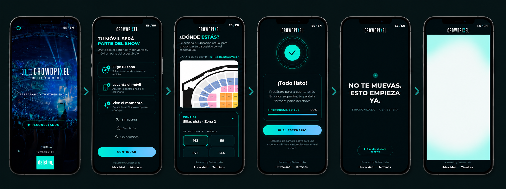 Pantallas de la web app de CrowdPixel: del escaneo al show